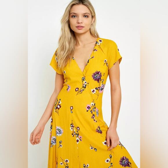 Free People Lost In You Yellow Floral Midi Dress Button Down Women’s Small - Picture 5 of 12